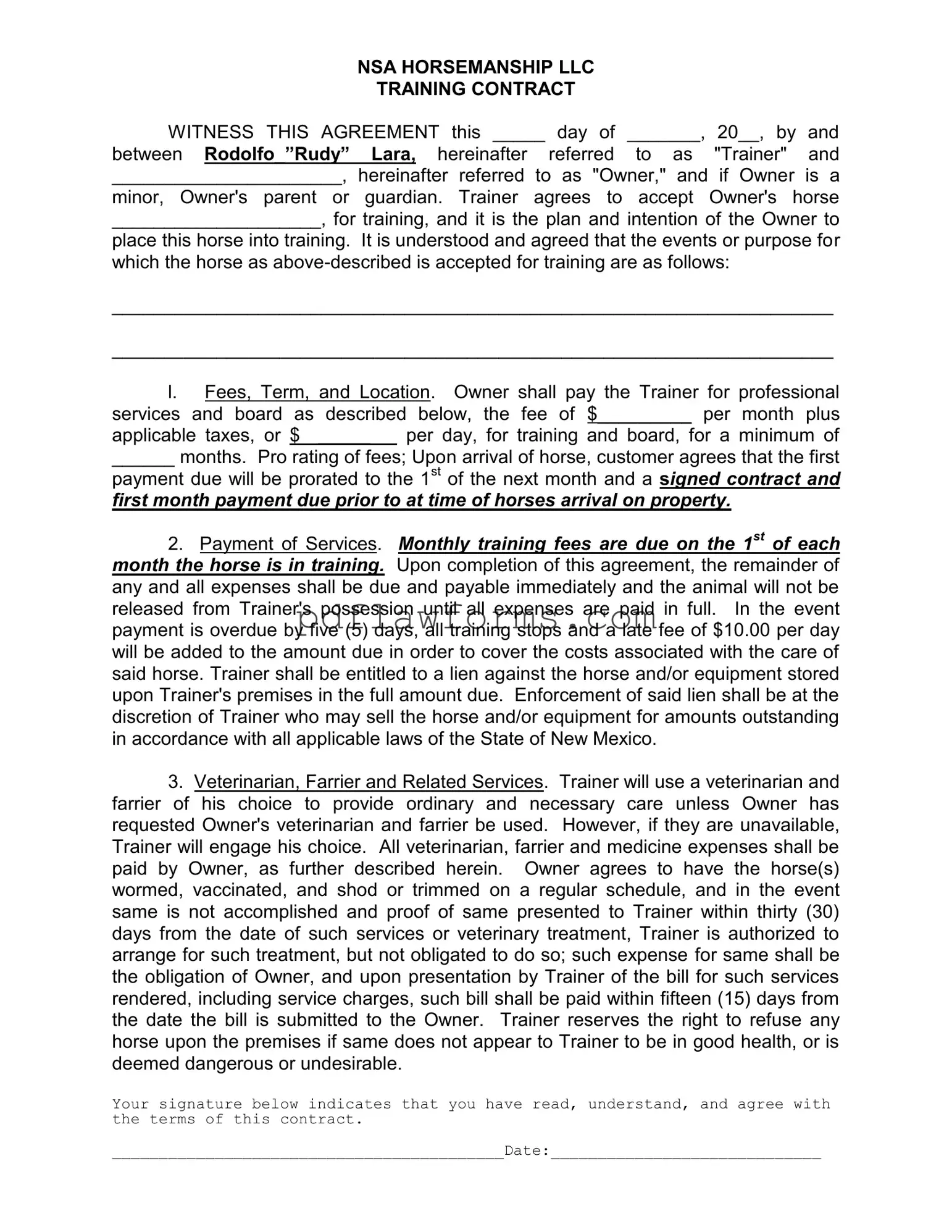 Fill Your Horse Training Contract Template
