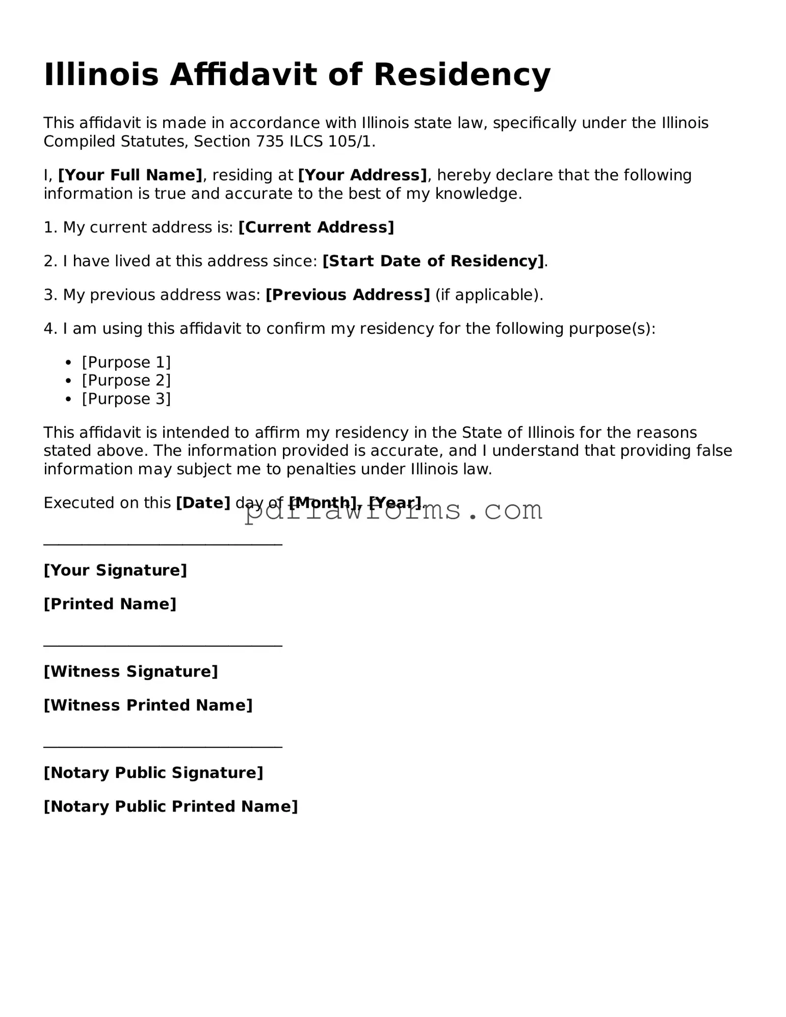 Affidavit of Residency Form for the State of Illinois