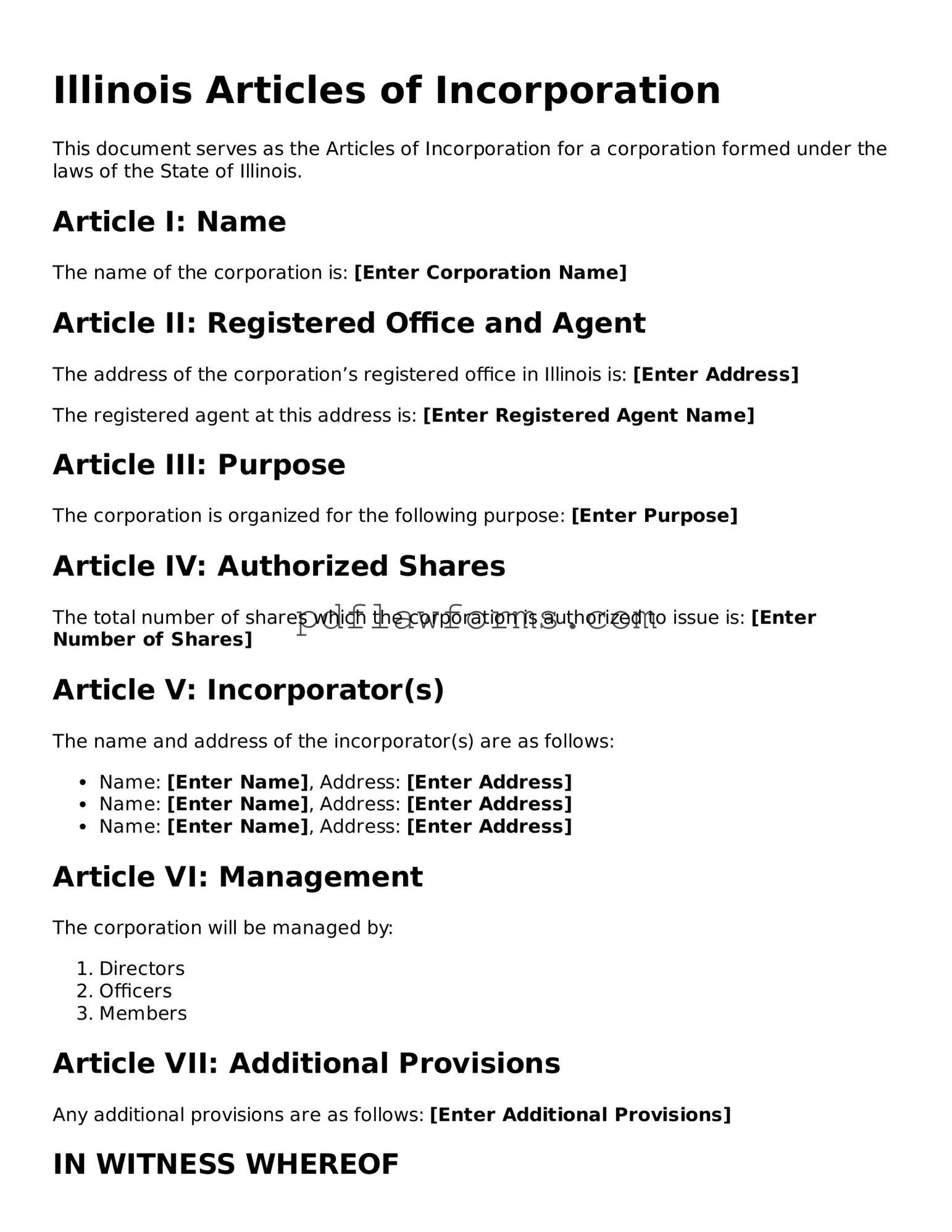 Articles of Incorporation Form for the State of Illinois