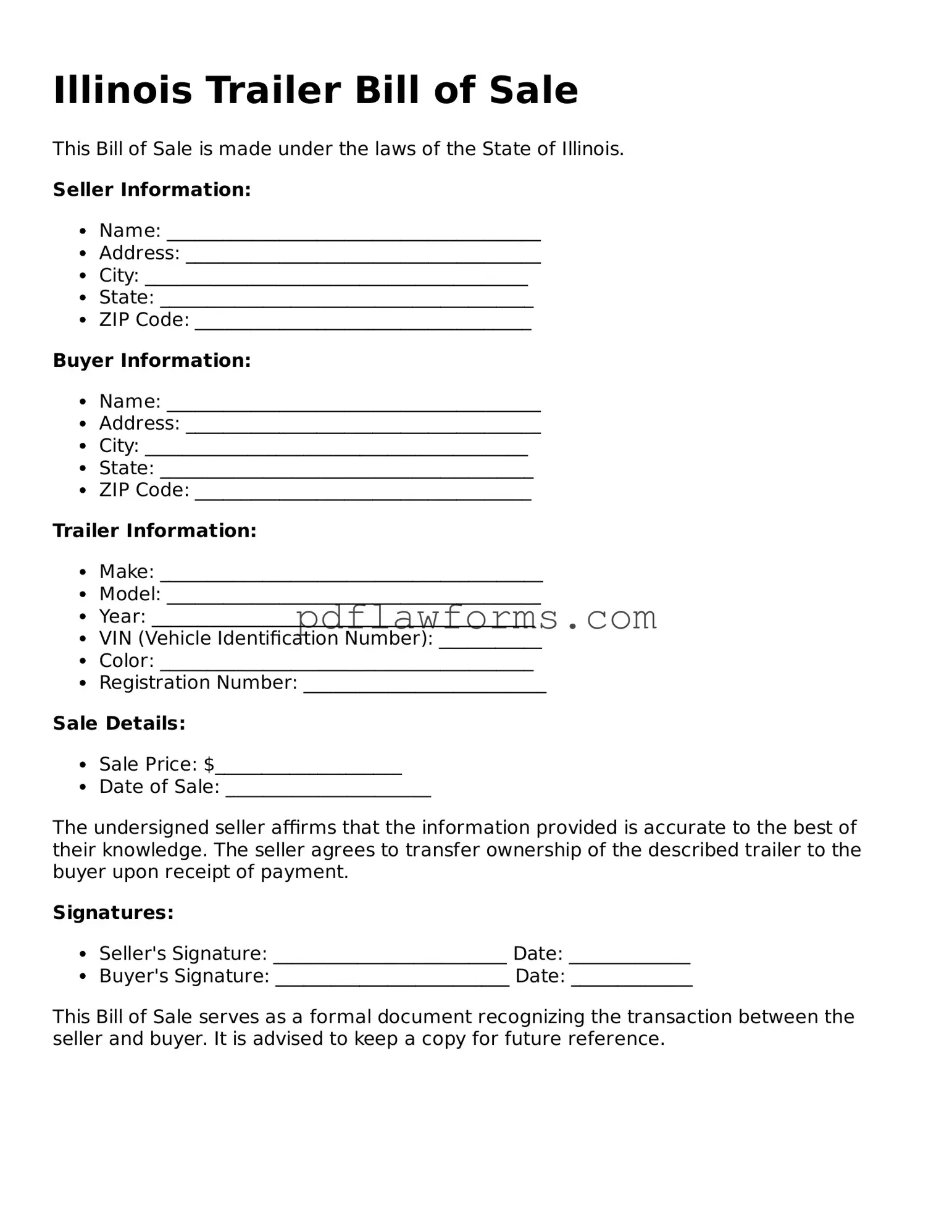 Trailer Bill of Sale Form for the State of Illinois