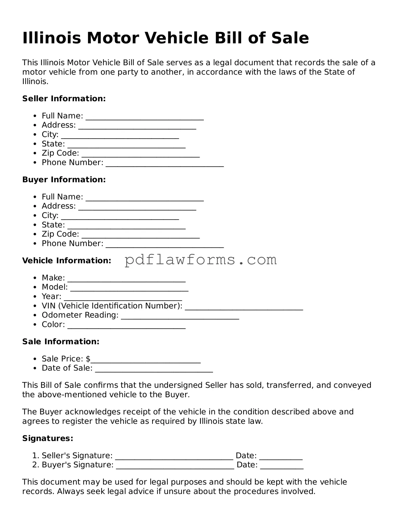 Motor Vehicle Bill of Sale Form for the State of Illinois