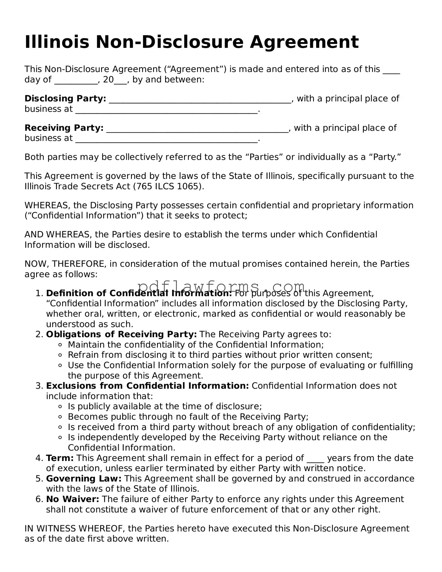 Non-disclosure Agreement Form for the State of Illinois