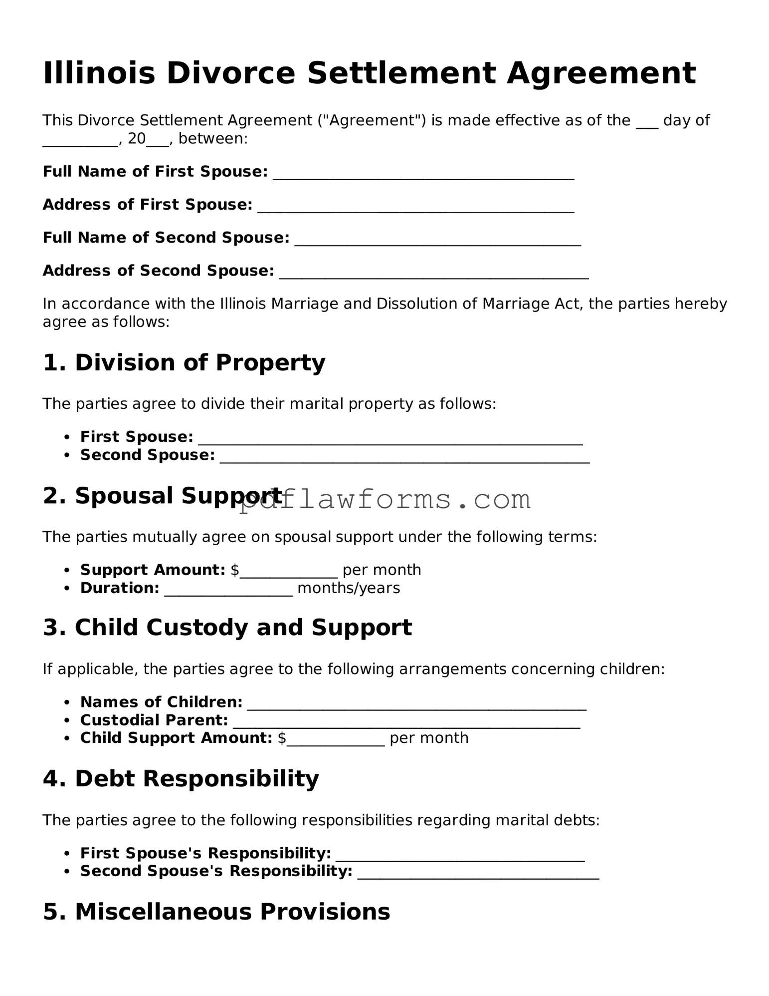 Divorce Settlement Agreement Form for the State of Illinois