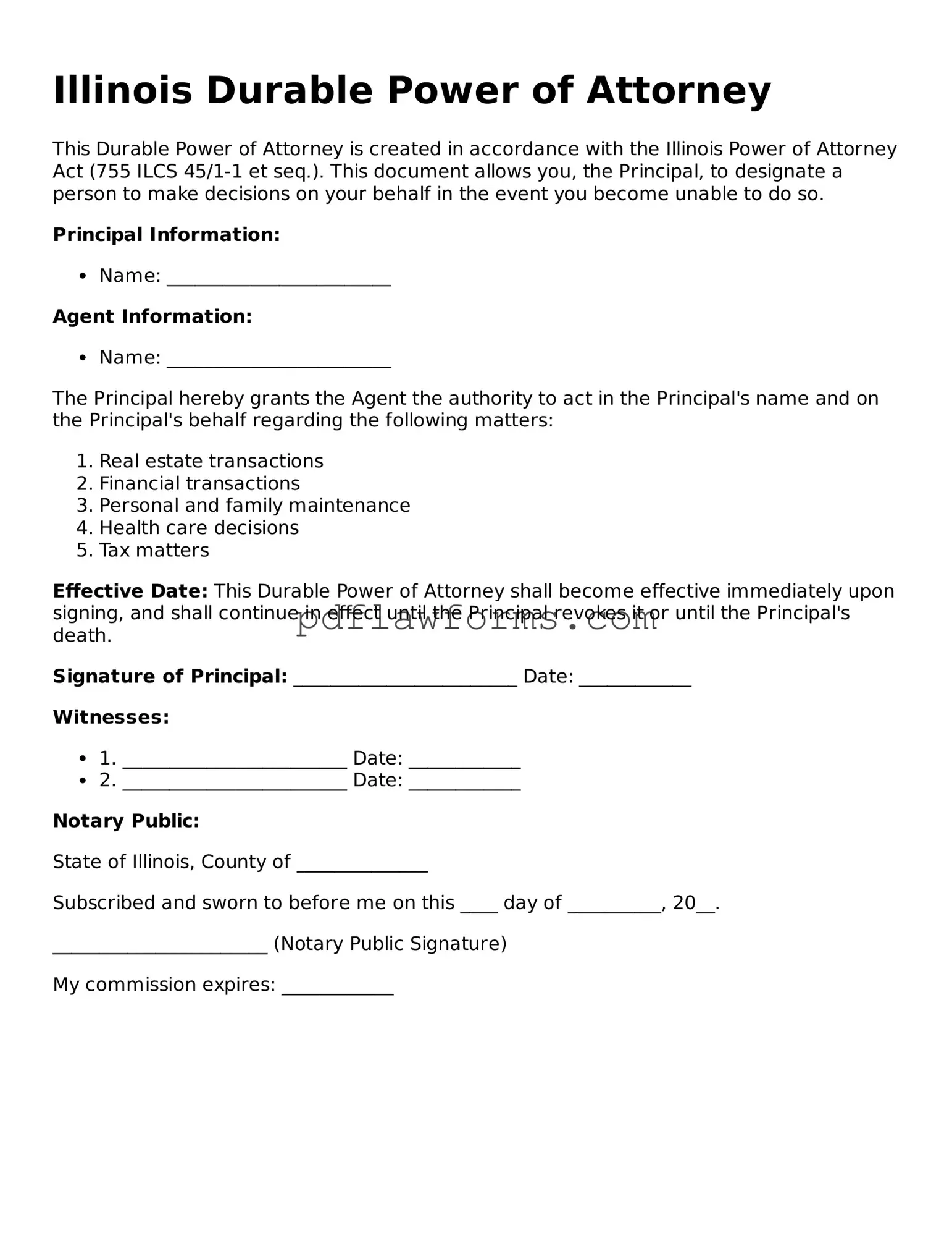 Durable Power of Attorney Form for the State of Illinois