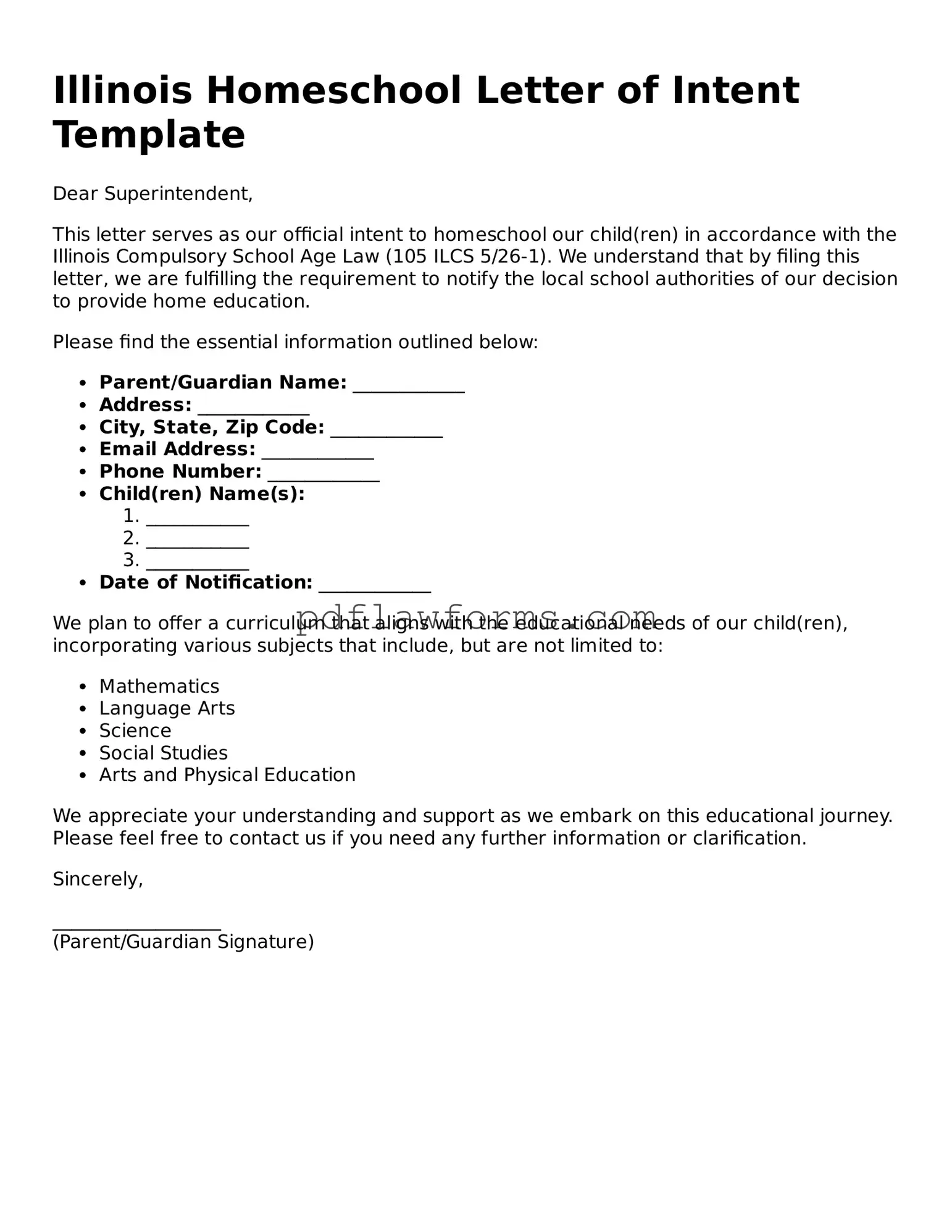 Homeschool Letter of Intent Form for the State of Illinois