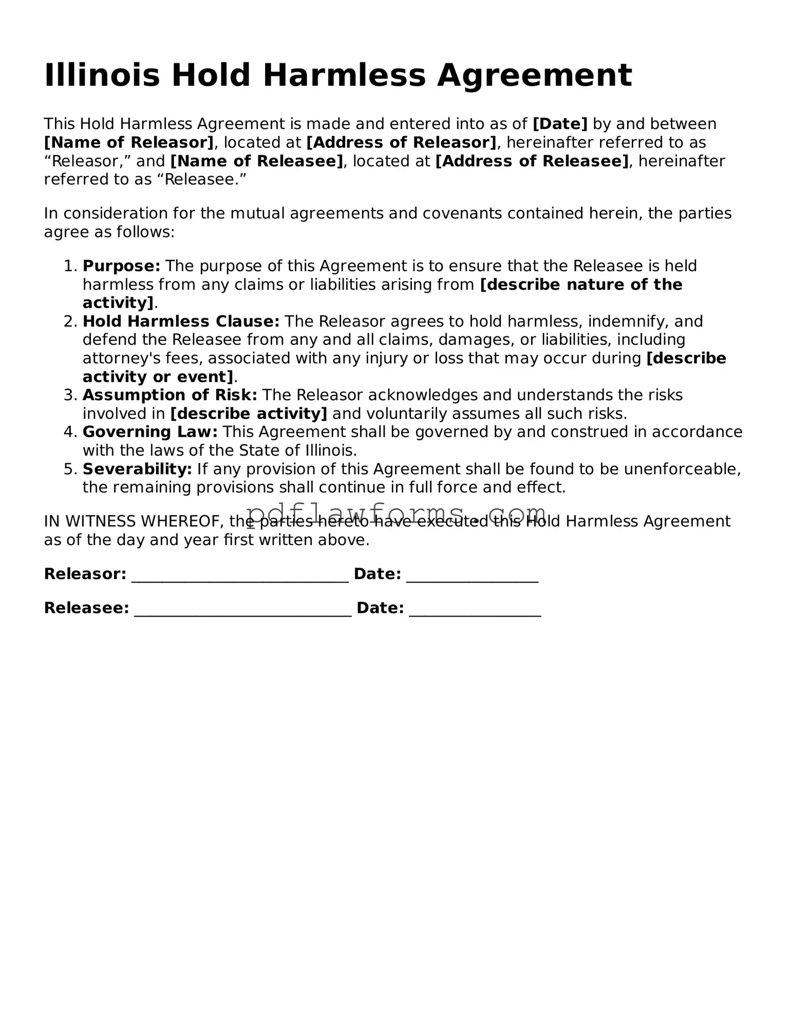 Hold Harmless Agreement Form for the State of Illinois
