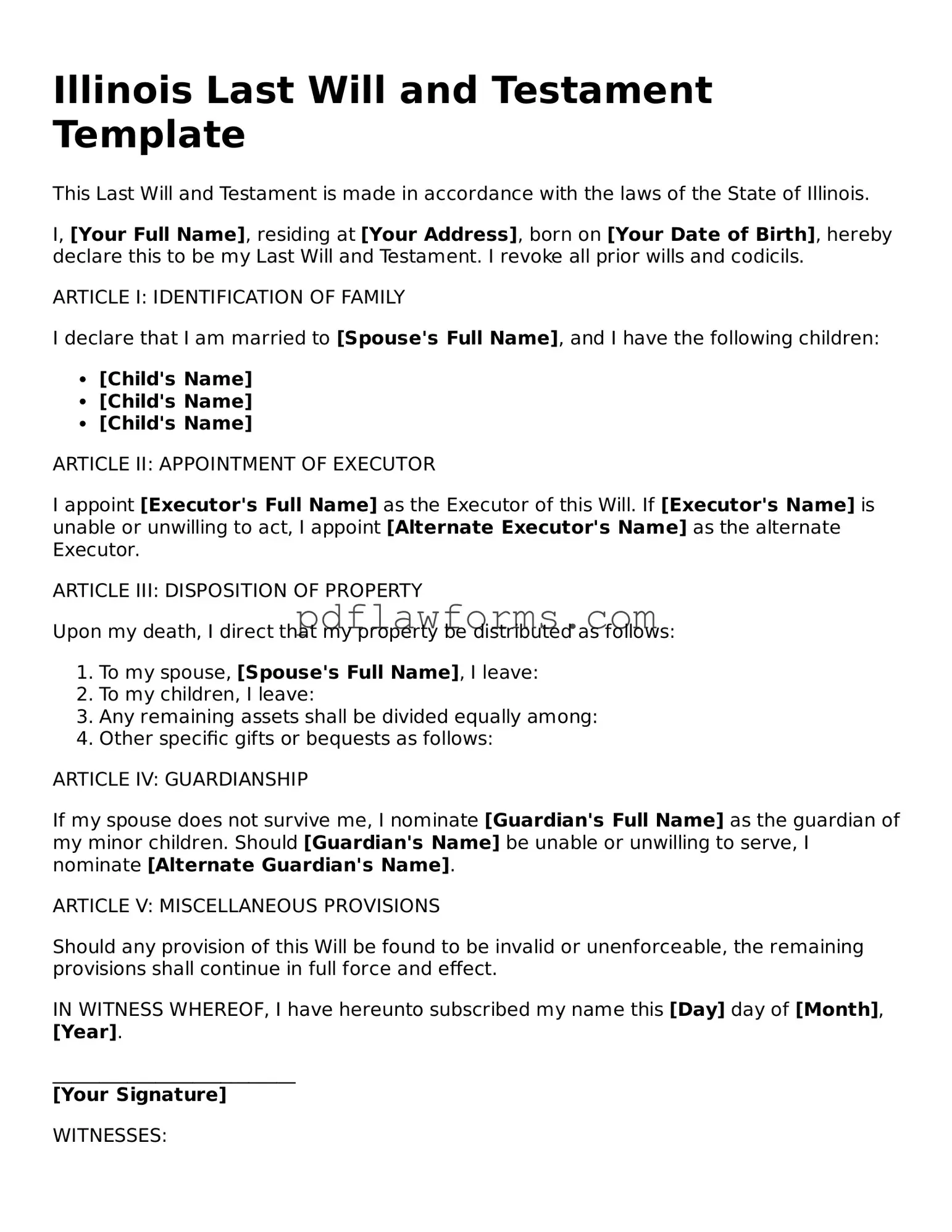Last Will and Testament Form for the State of Illinois