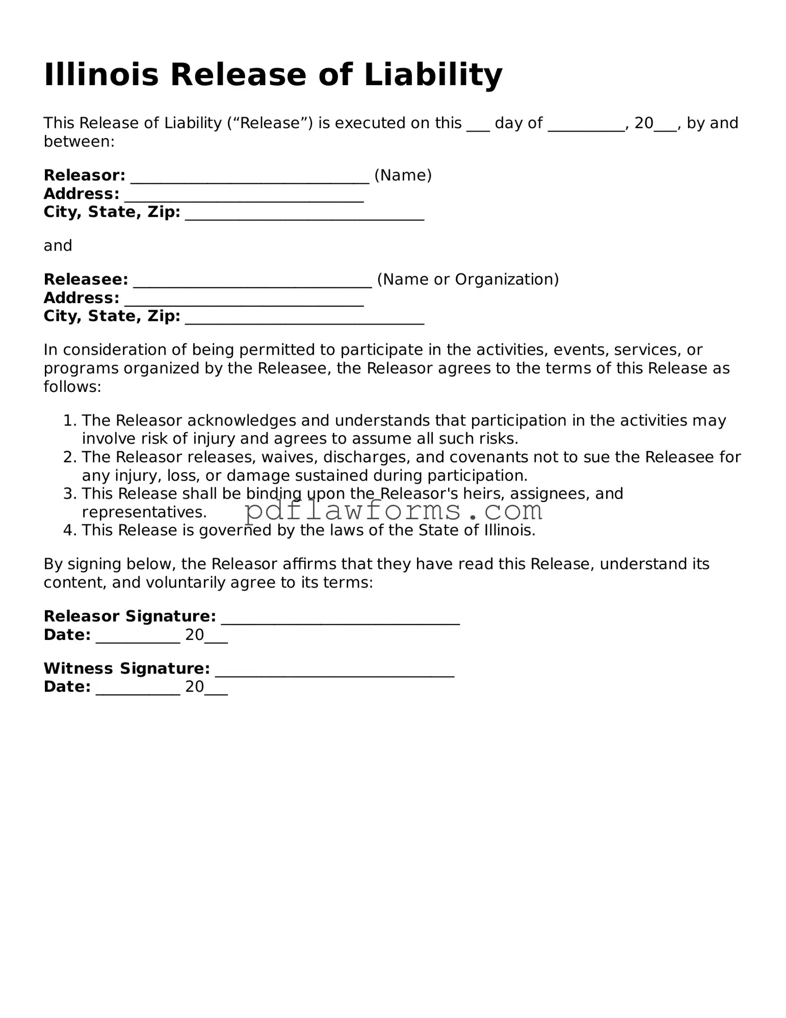 Release of Liability Form for the State of Illinois
