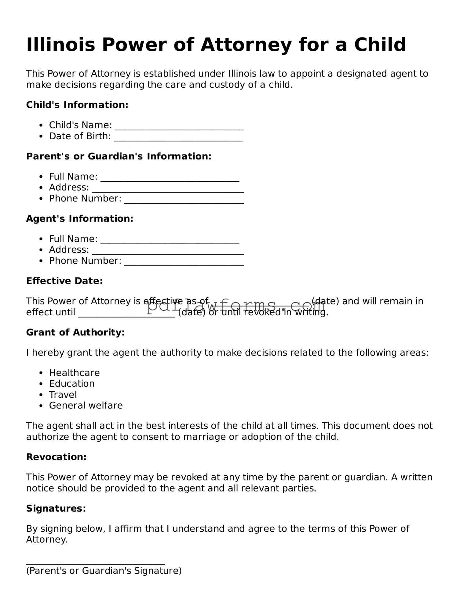 Power of Attorney for a Child Form for the State of Illinois