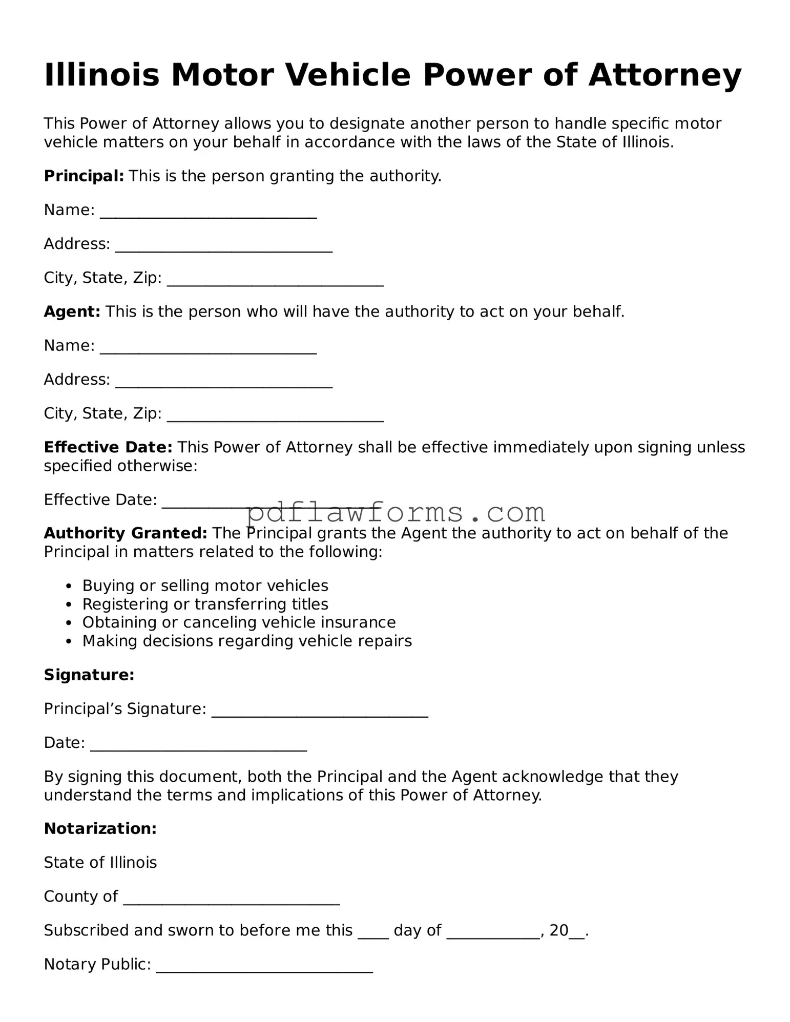 Motor Vehicle Power of Attorney Form for the State of Illinois