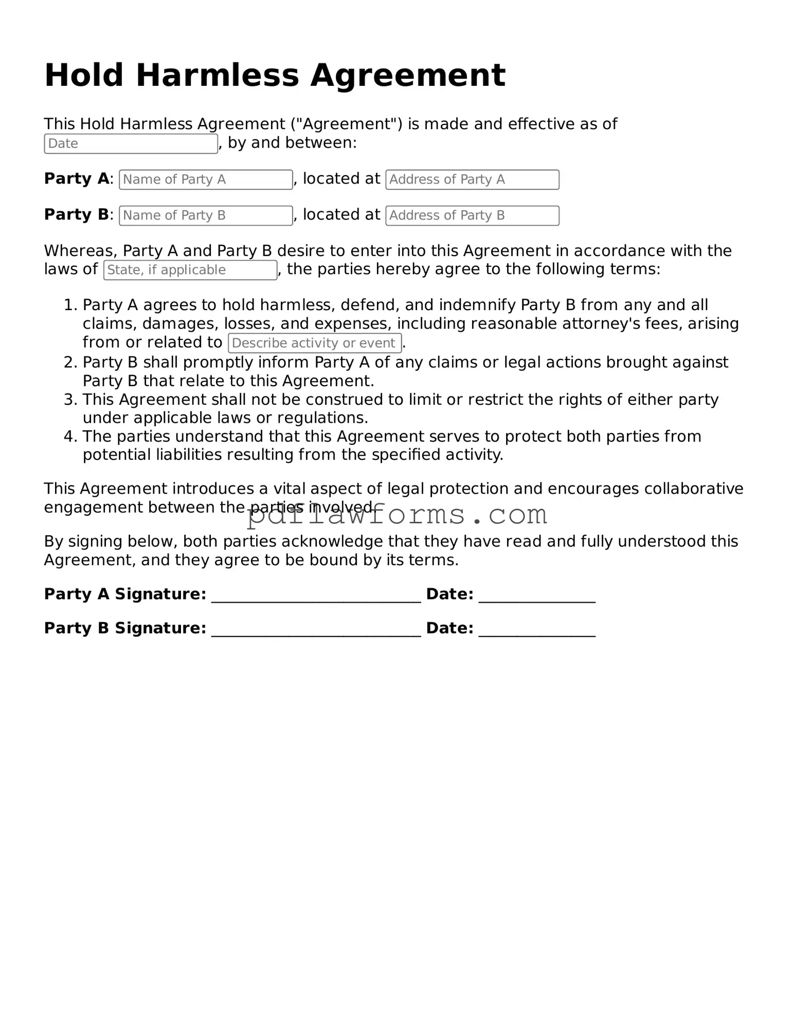Official Hold Harmless Agreement Form