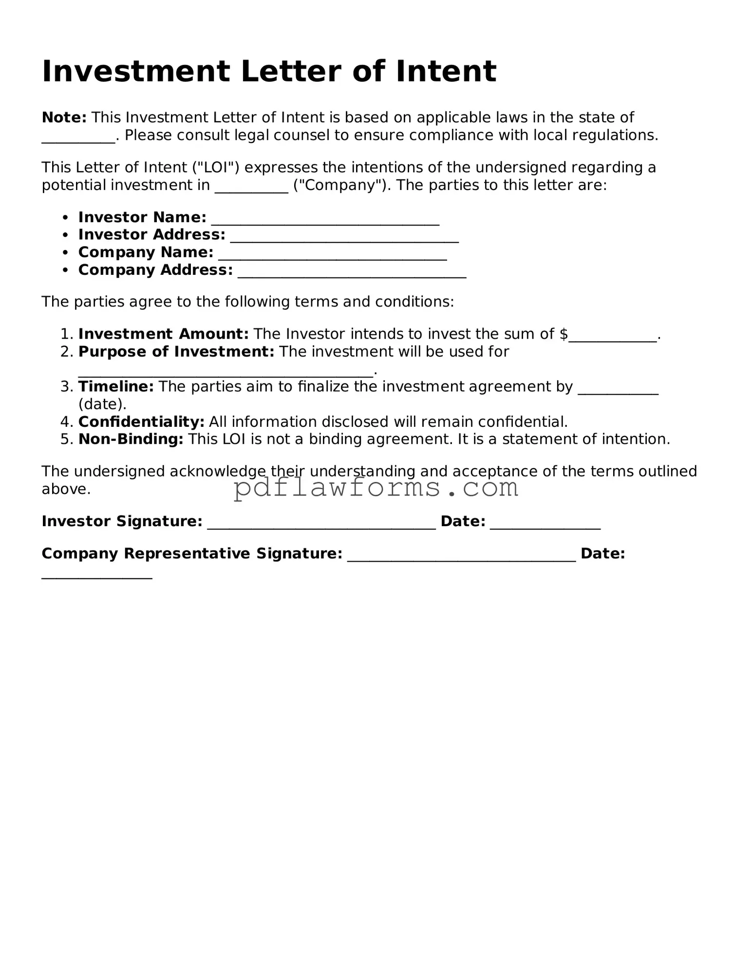 Official Investment Letter of Intent Form