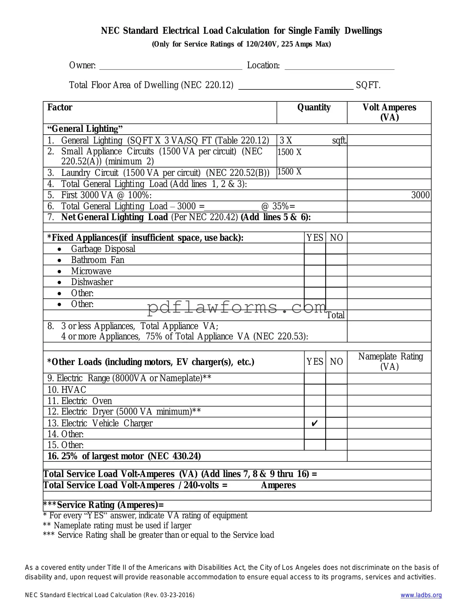 Fill Your LADBS NEC Standard Electrical Load Calculation Template