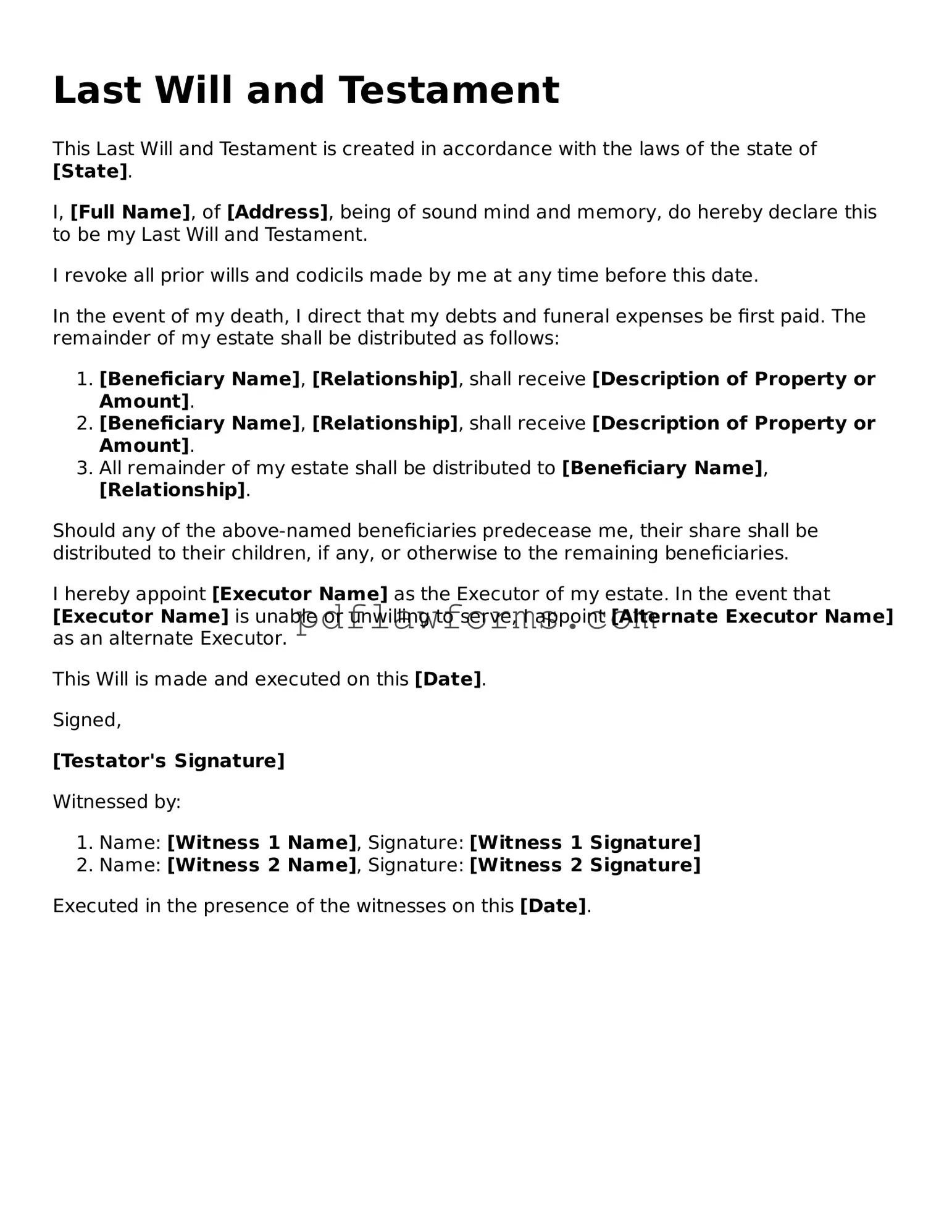 Official Last Will and Testament Form