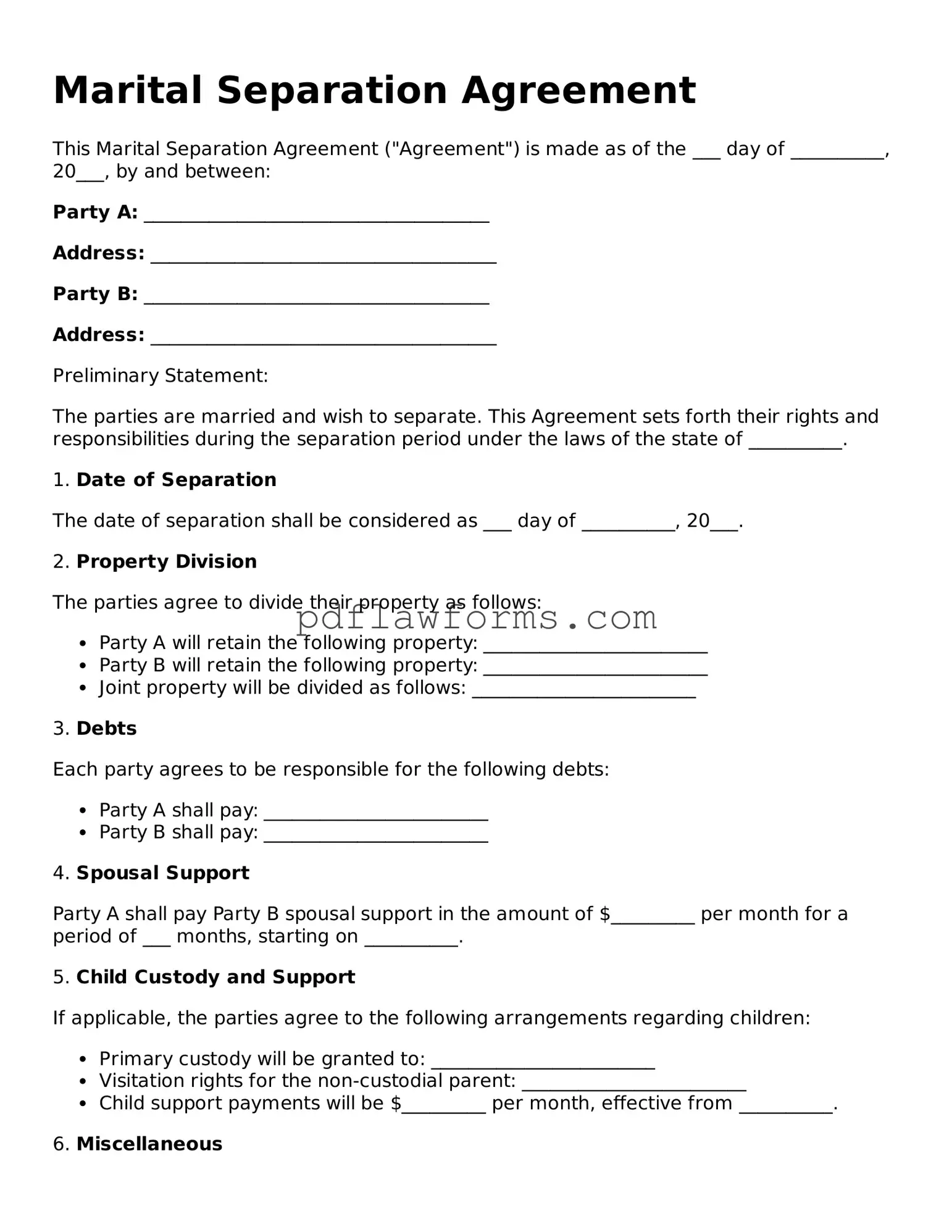 Official Marital Separation Agreement Form
