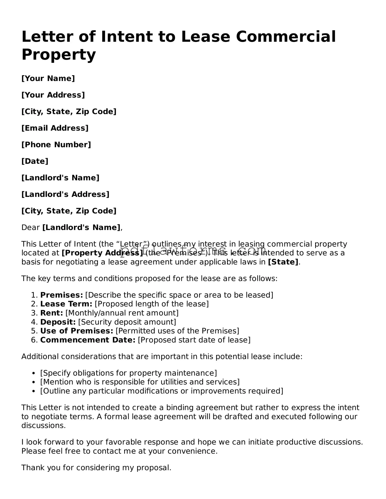 Official Letter of Intent to Lease Commercial Property Form