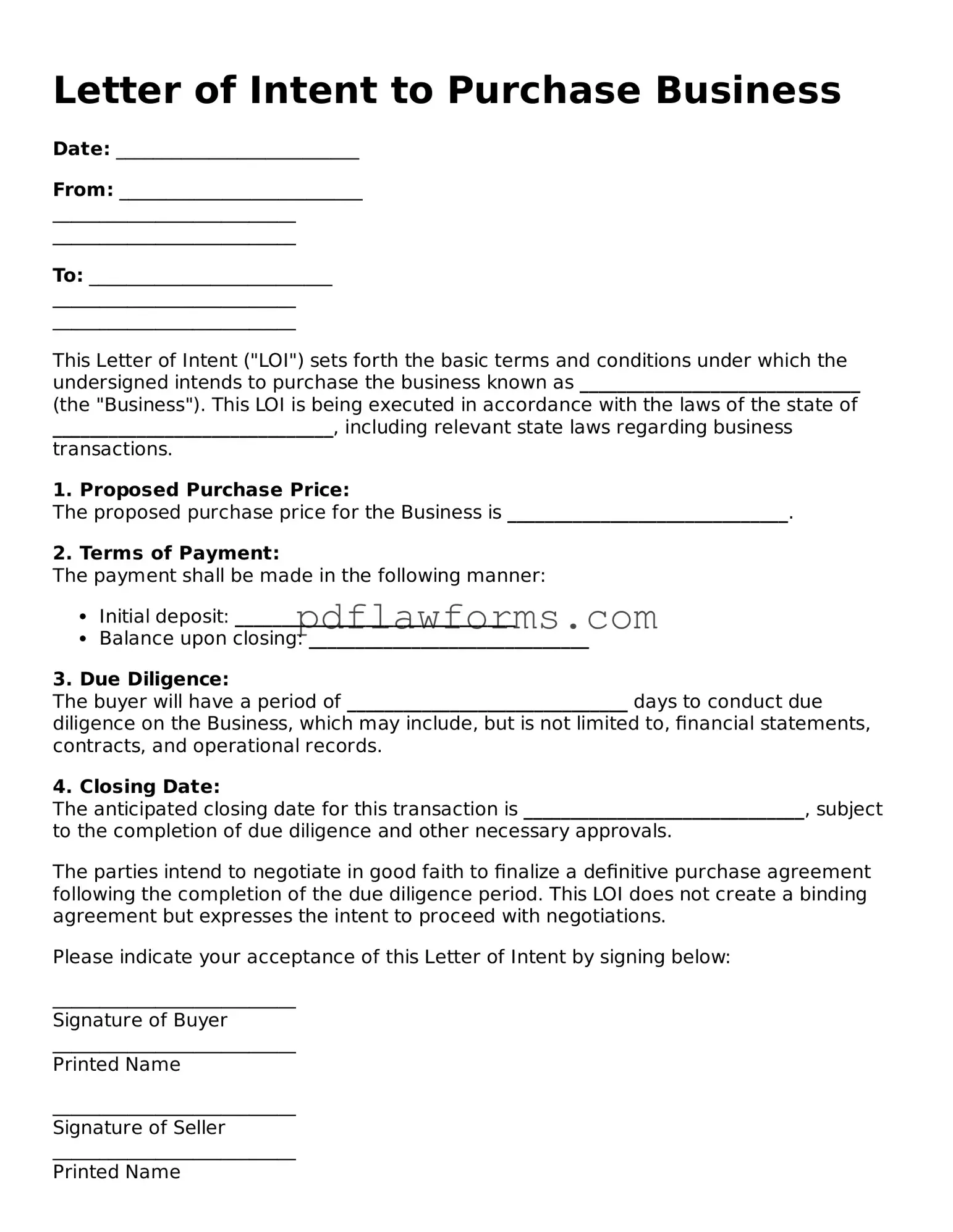 Official Letter of Intent to Purchase Business Form