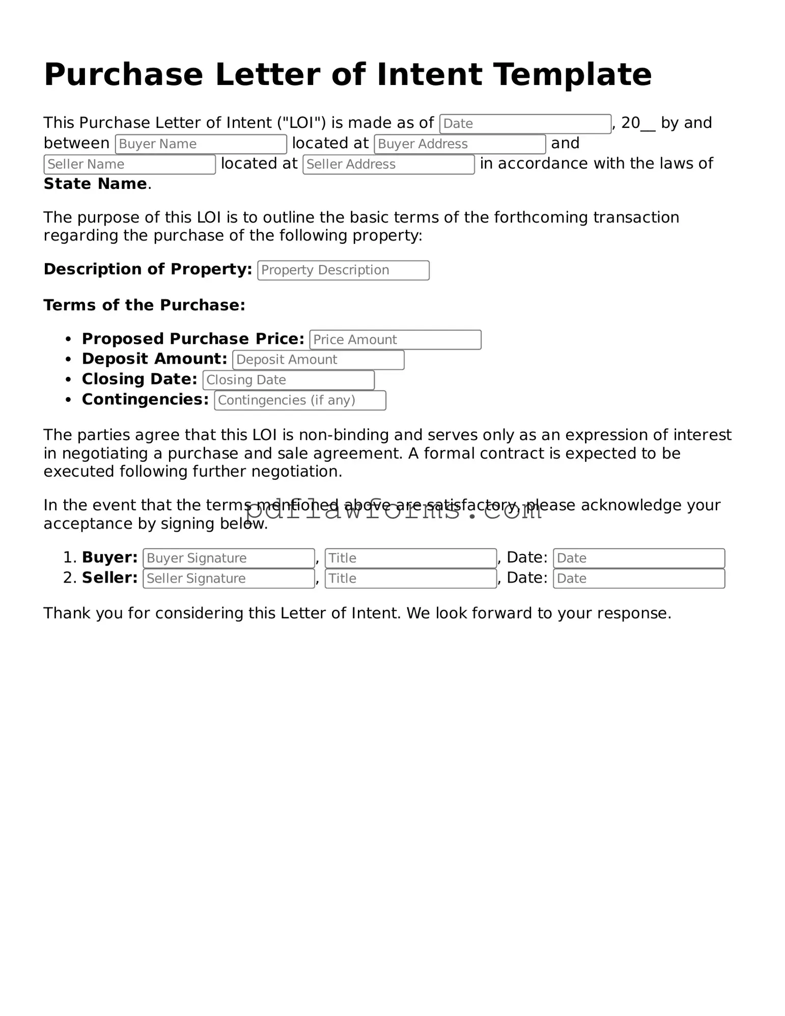 Official Purchase Letter of Intent Form