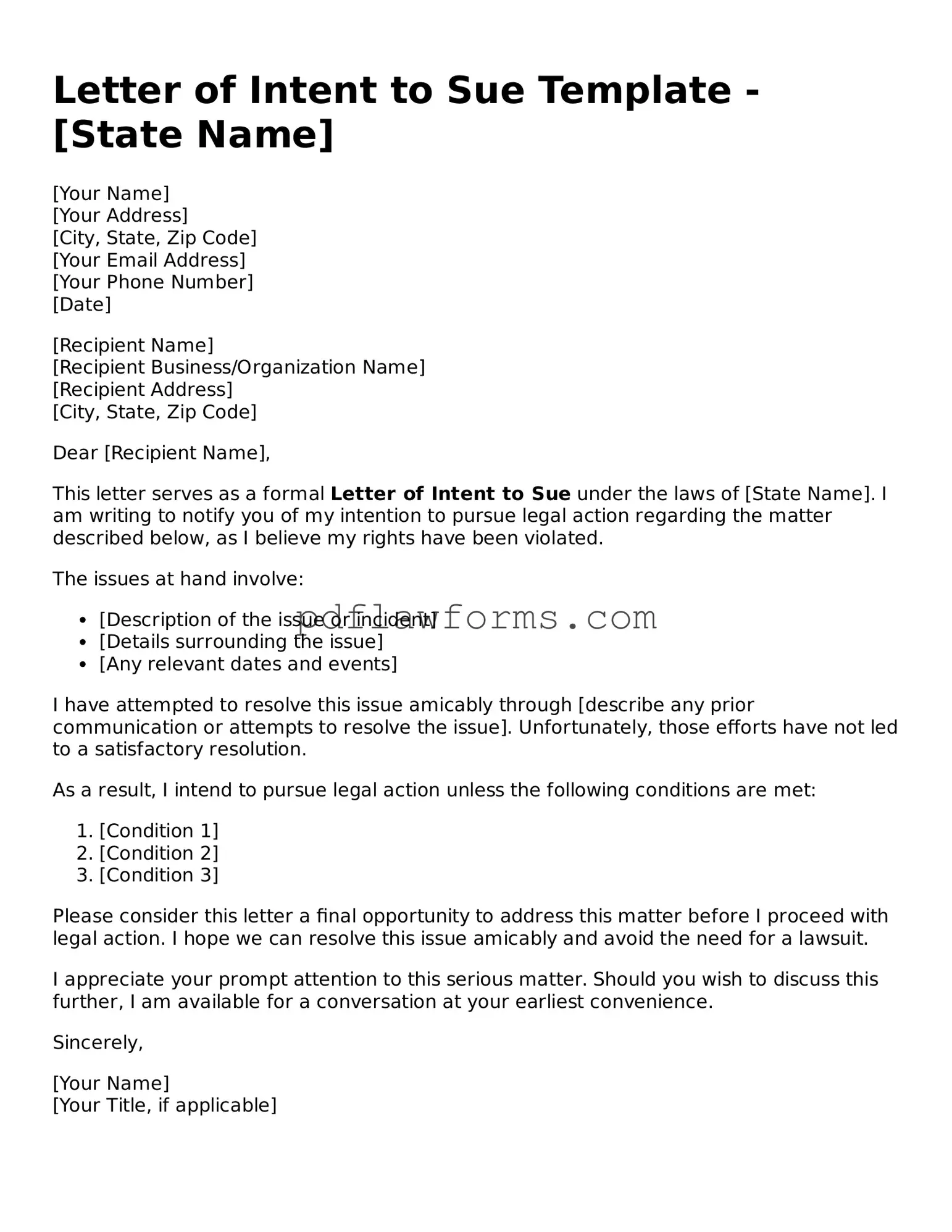 Official Letter of Intent to Sue Form
