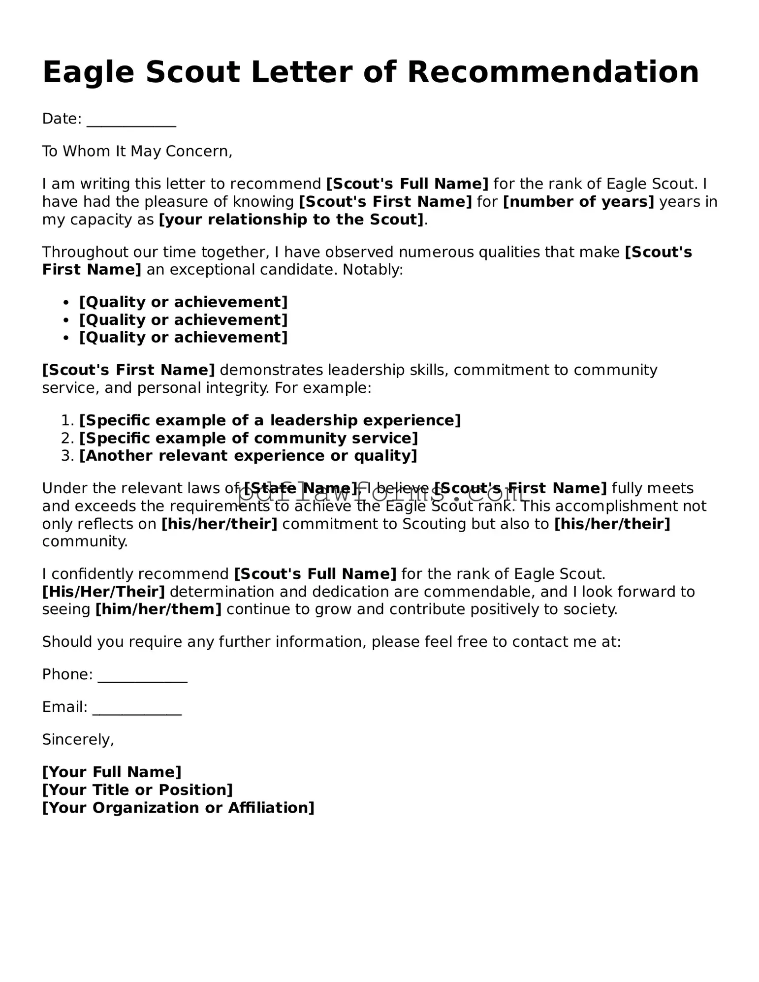 Official Eagle Scout Letter of Recommendation Form