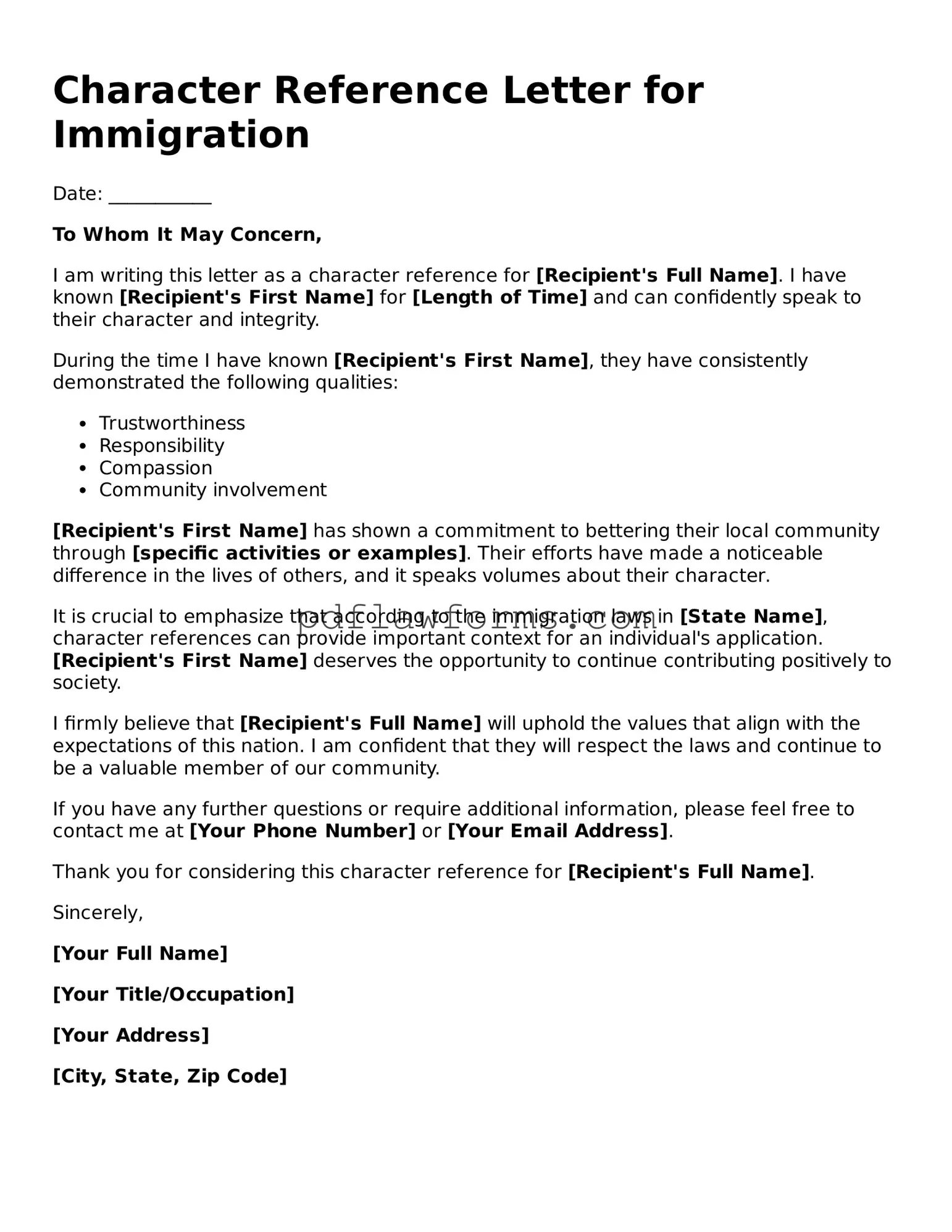 Official Character Reference Letter for Immigration Form