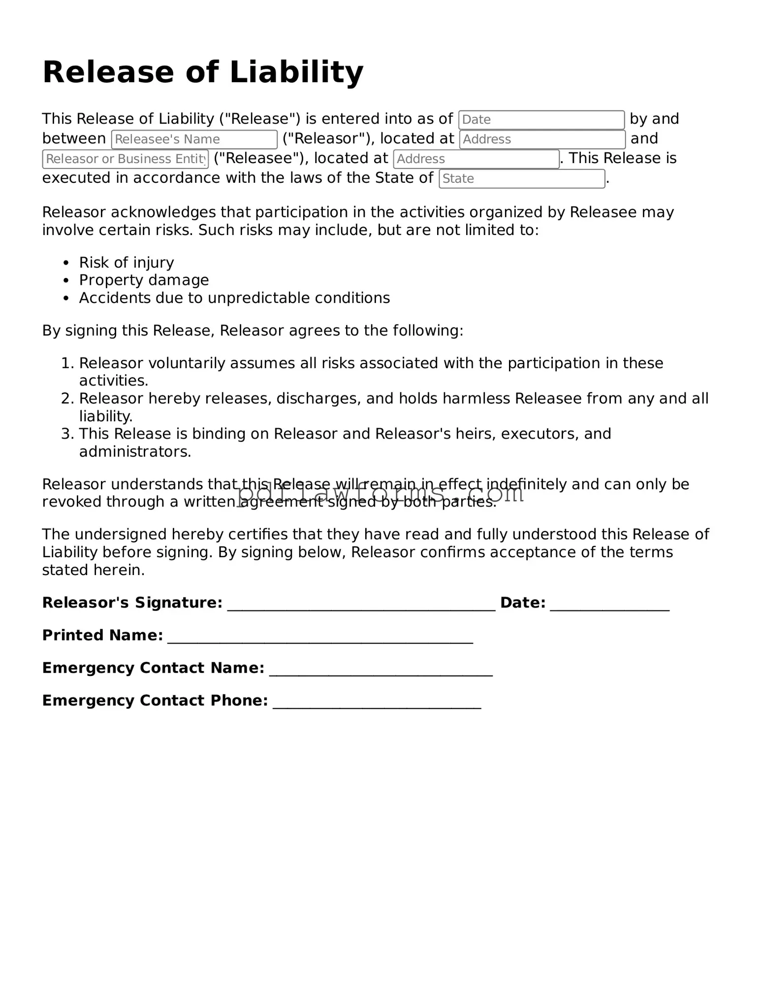 Official Release of Liability Form