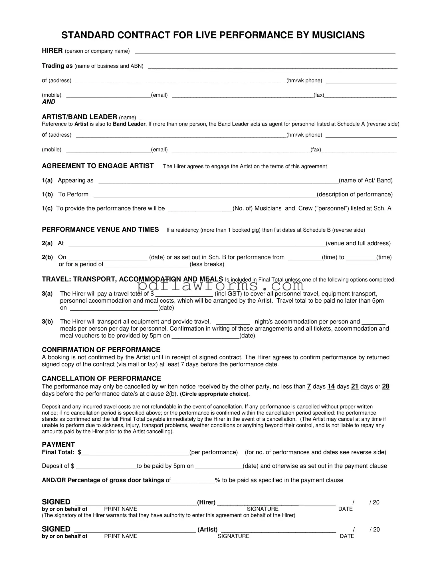 Fill Your Live Performance Contract Template