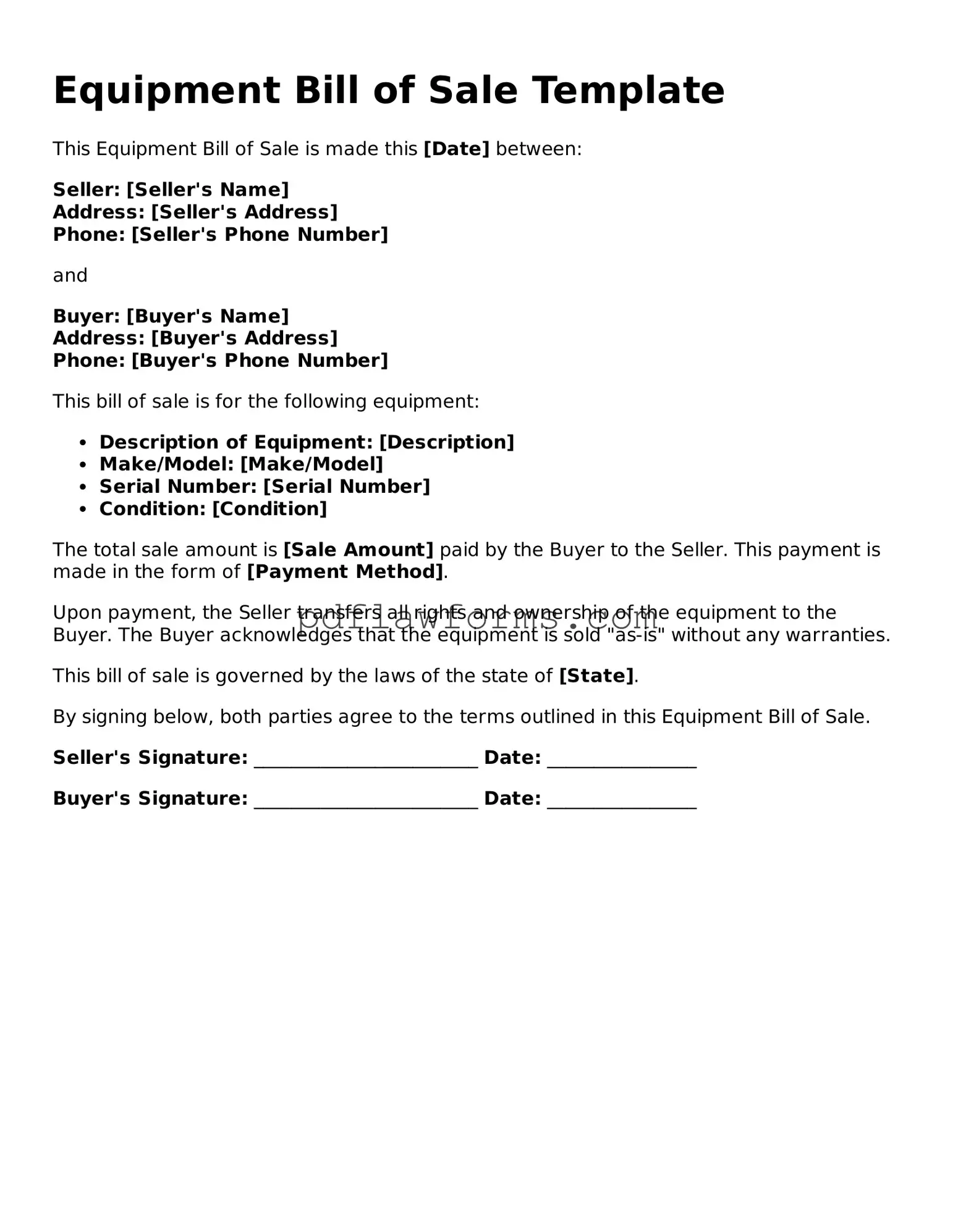 Official Equipment Bill of Sale Form