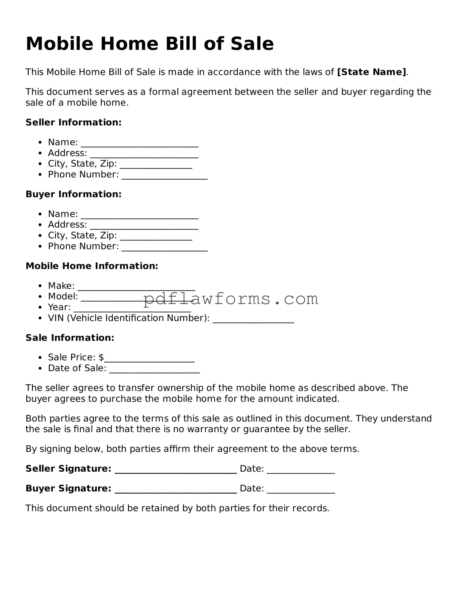 Official Mobile Home Bill of Sale Form