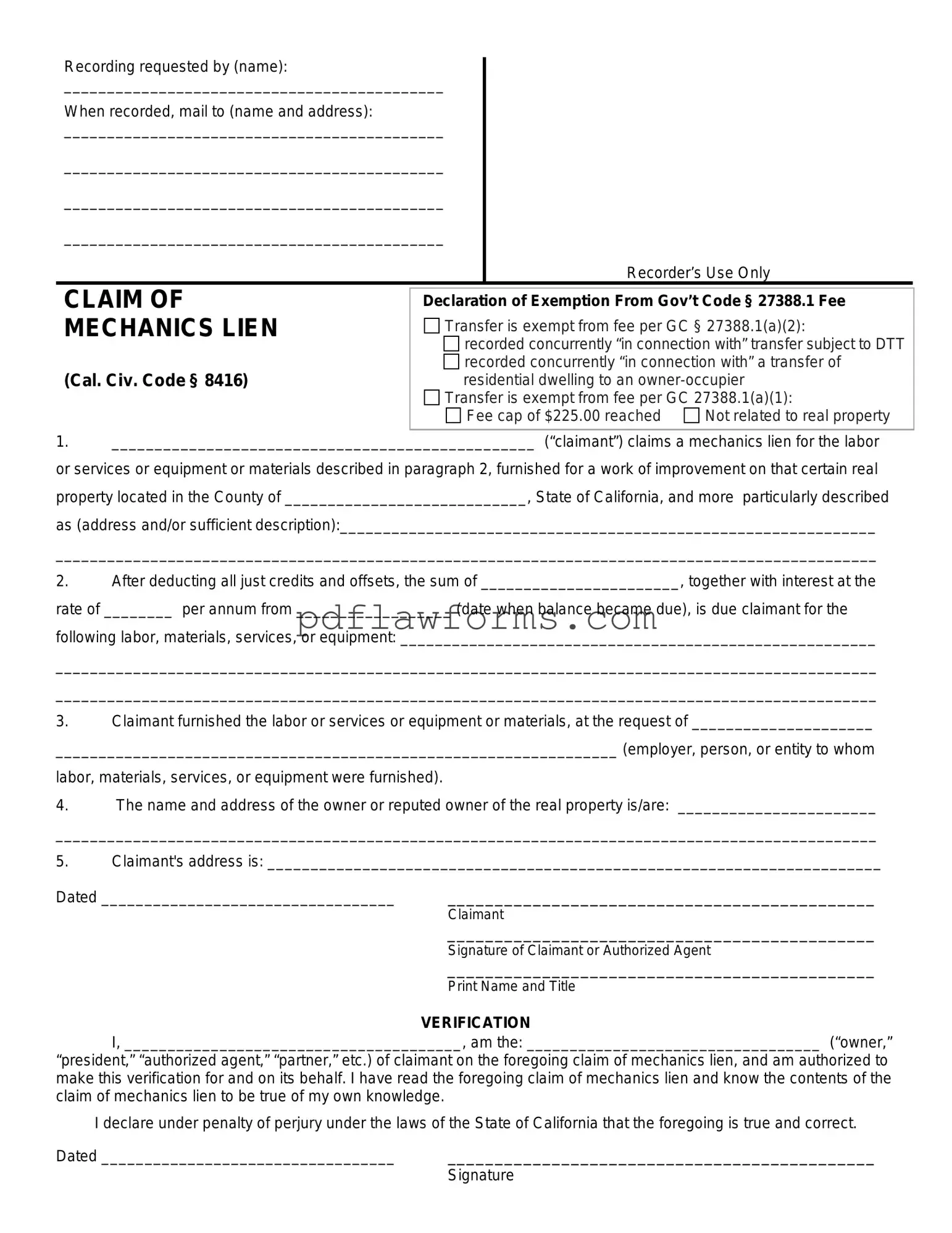 Fill Your Mechanics Lien California Template