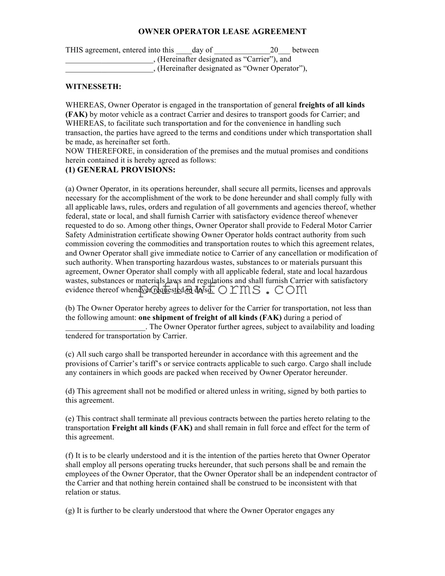Fill Your Owner Operator Lease Agreement Template