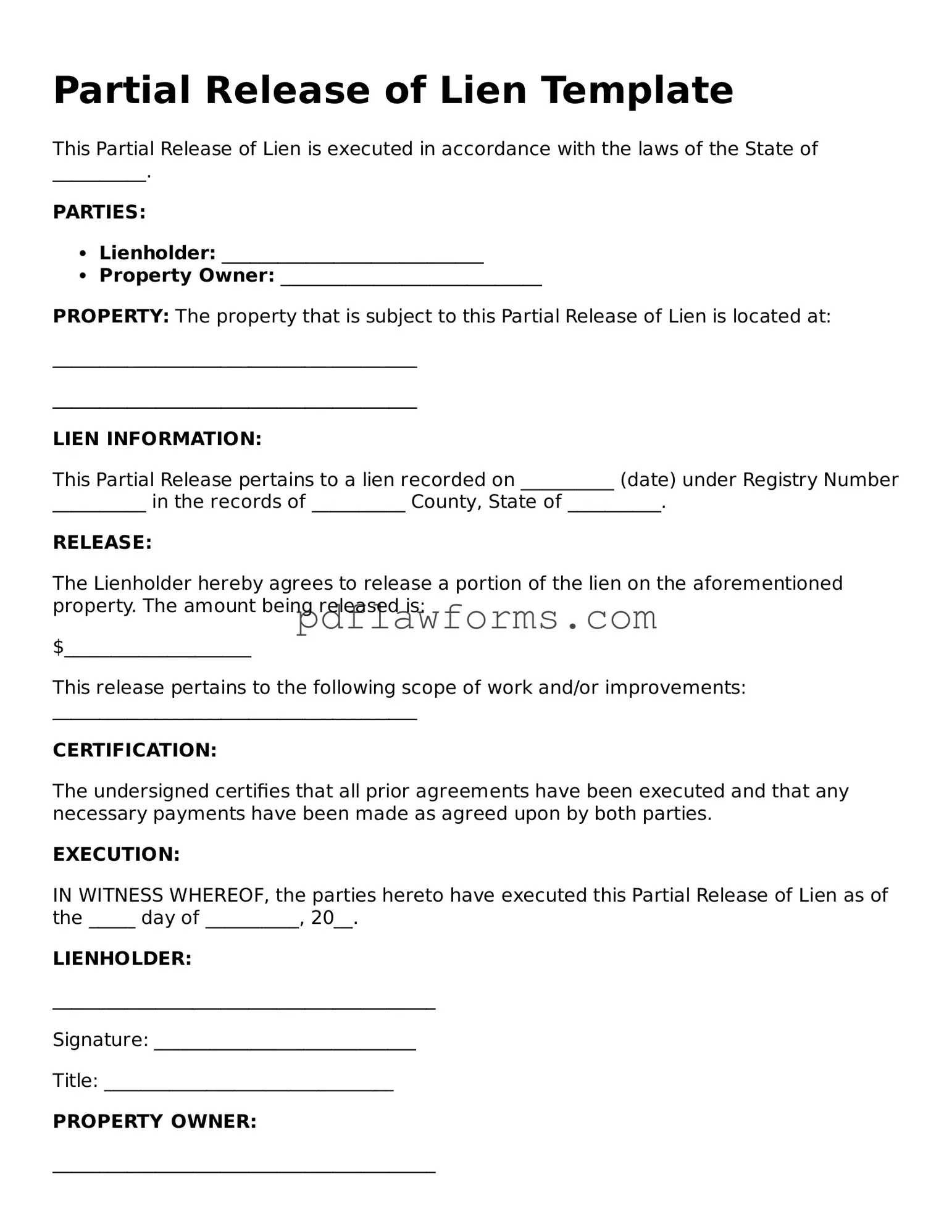 Official Partial Release of Lien Form