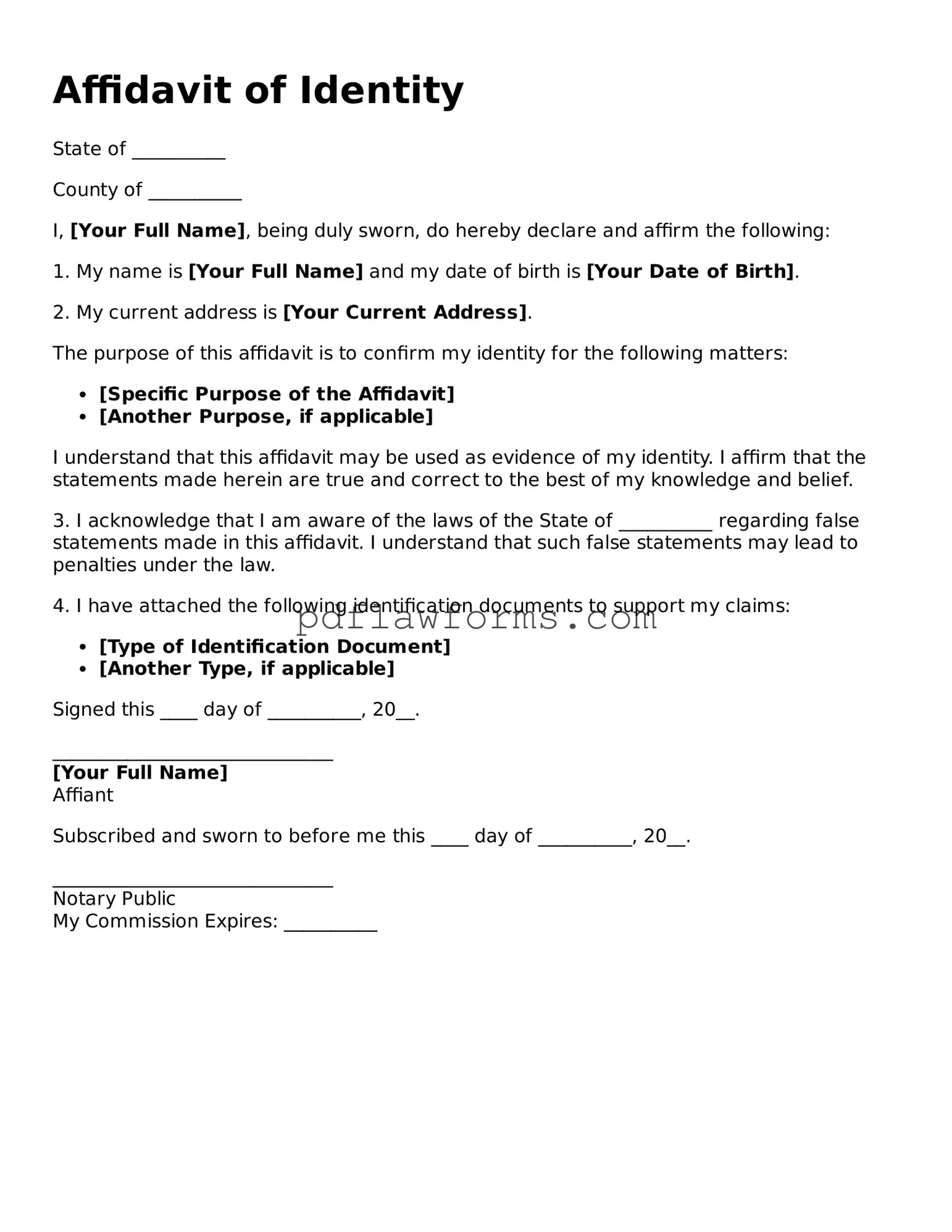 Official Affidavit of Identity Form