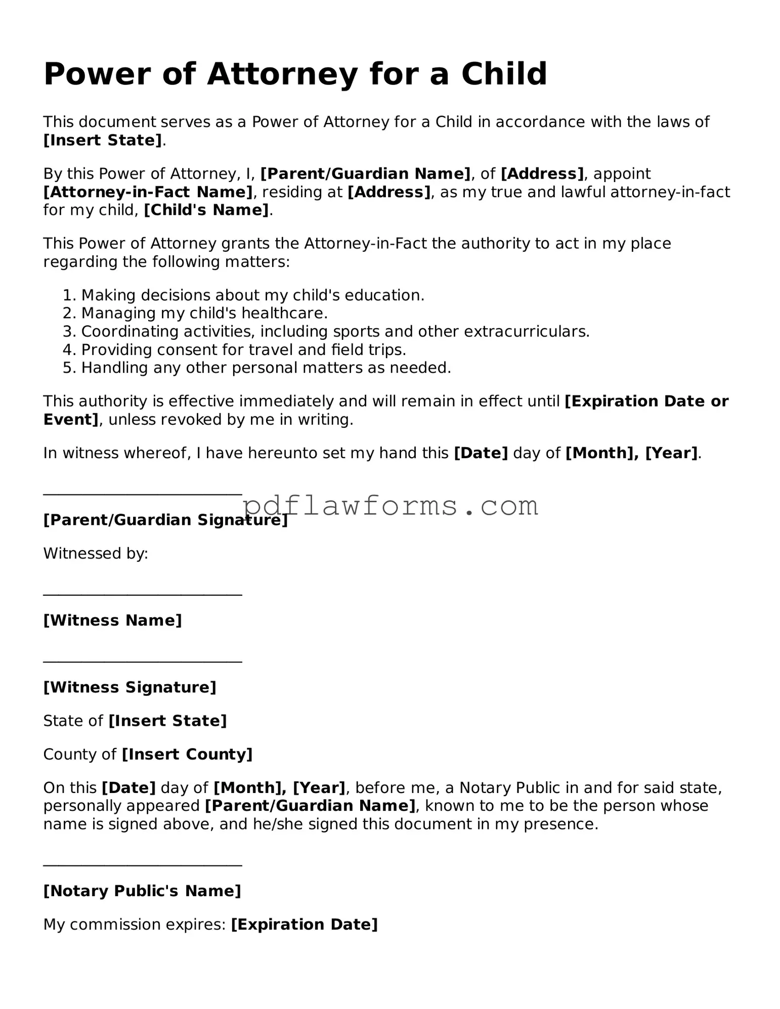 Official Power of Attorney for a Child Form