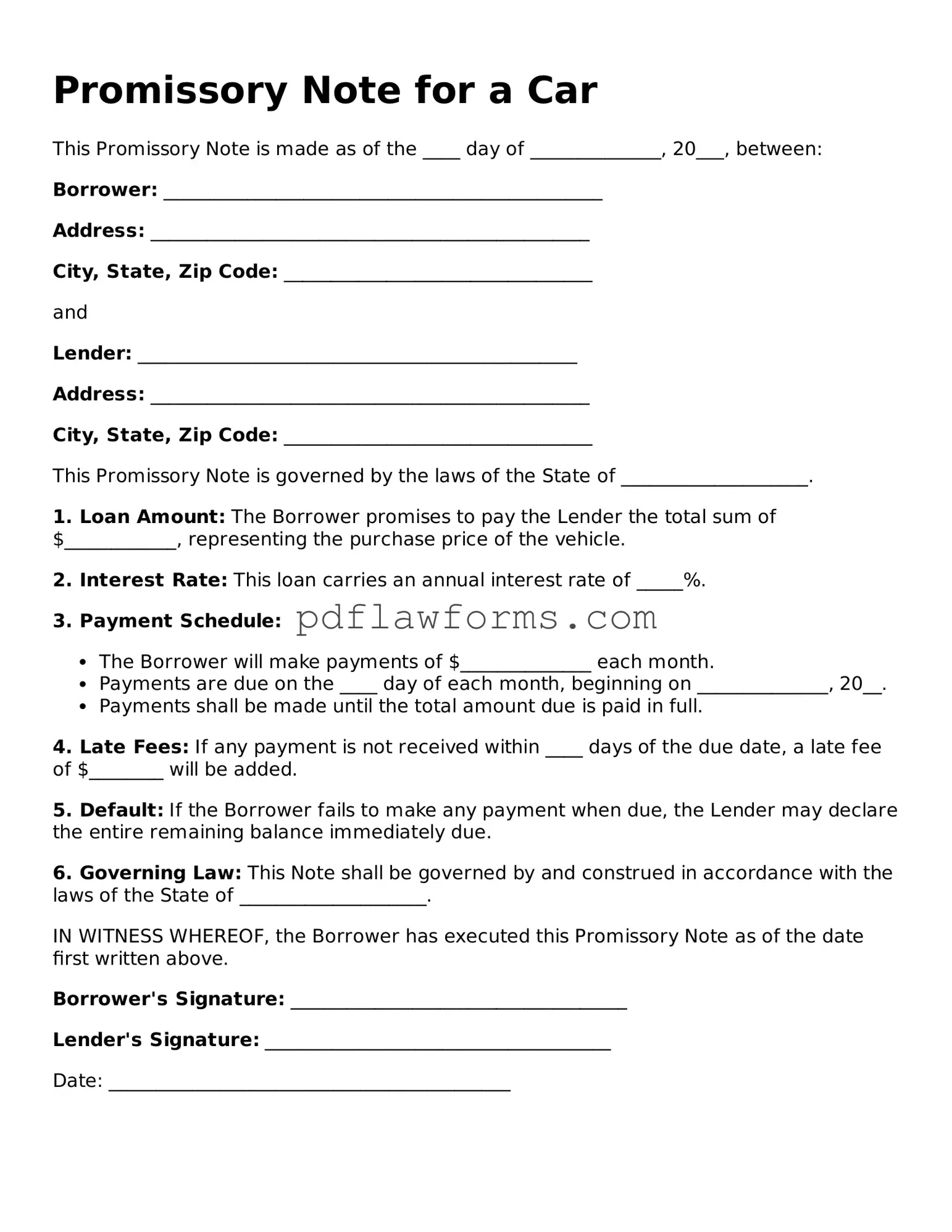 Official Promissory Note for a Car Form