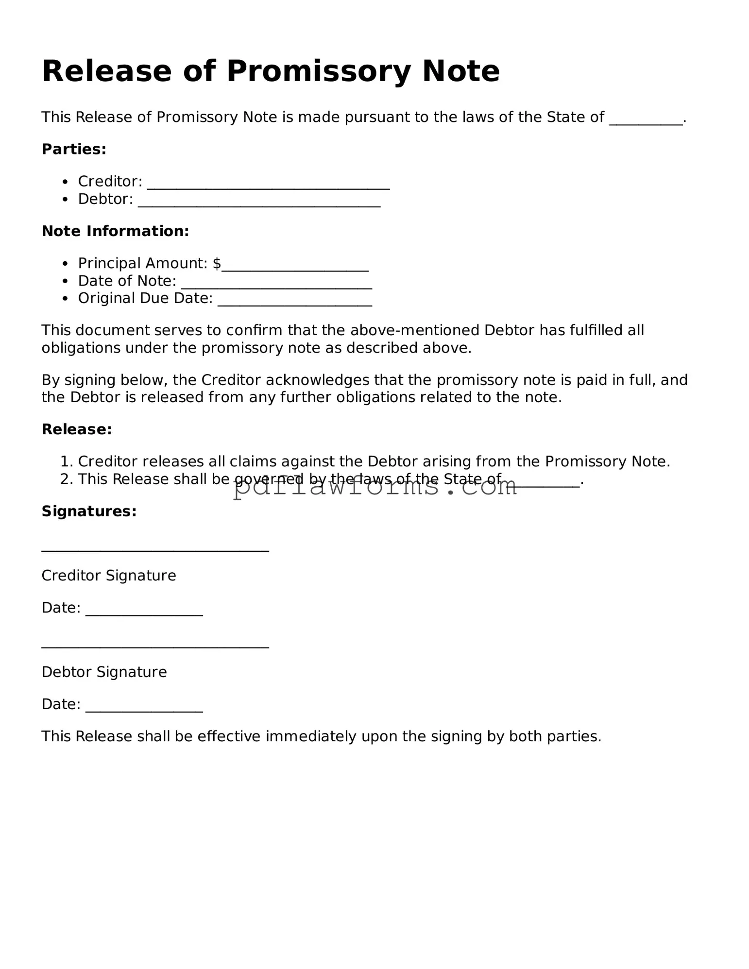 Official Release of Promissory Note Form