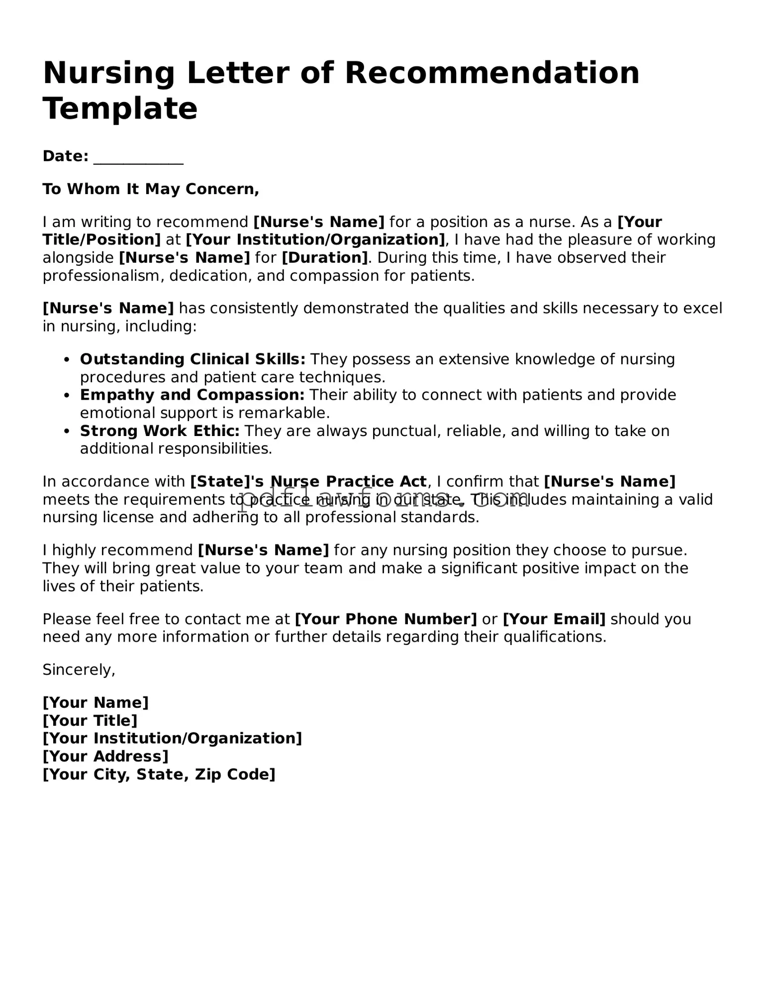 Official Nursing Letter of Recommendation Form
