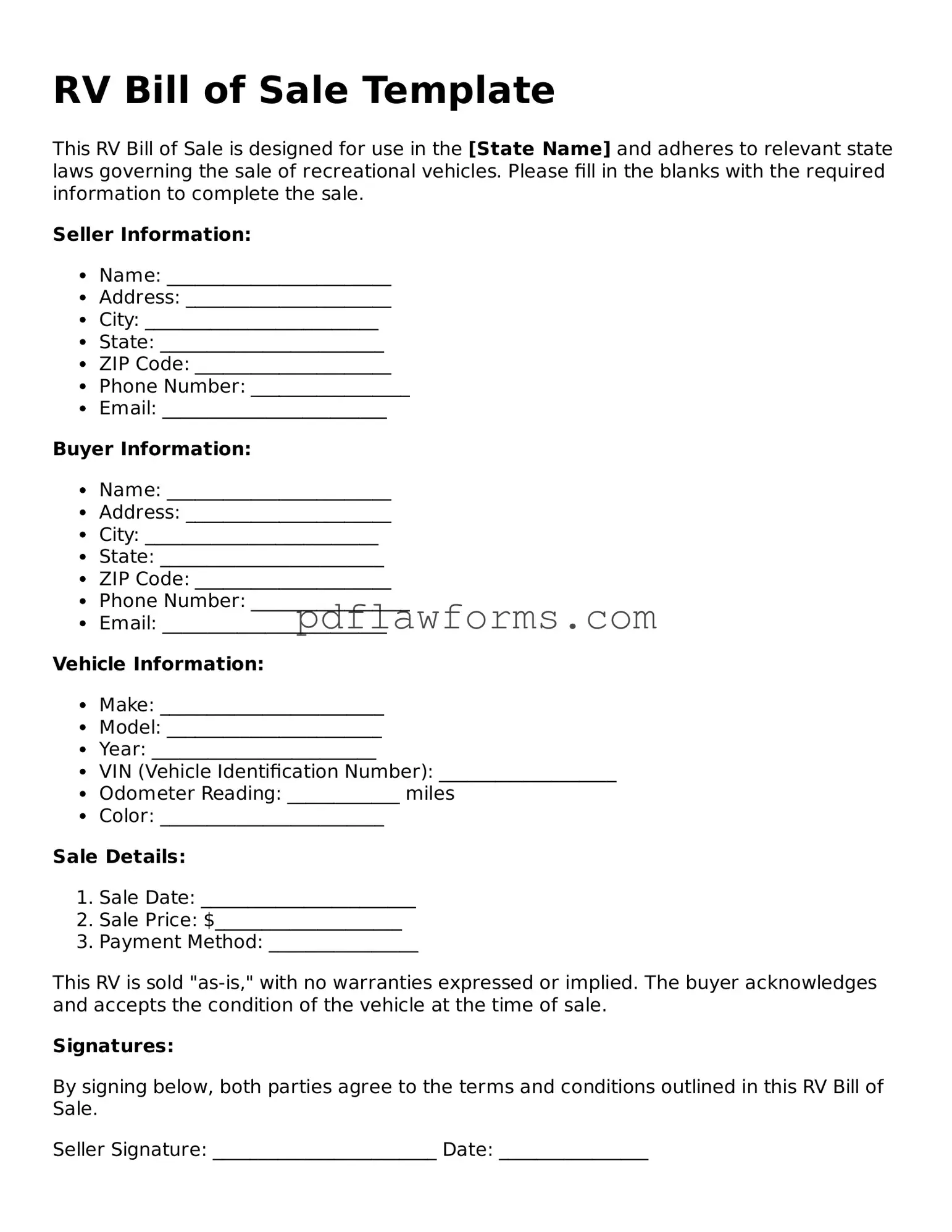 Official RV Bill of Sale Form
