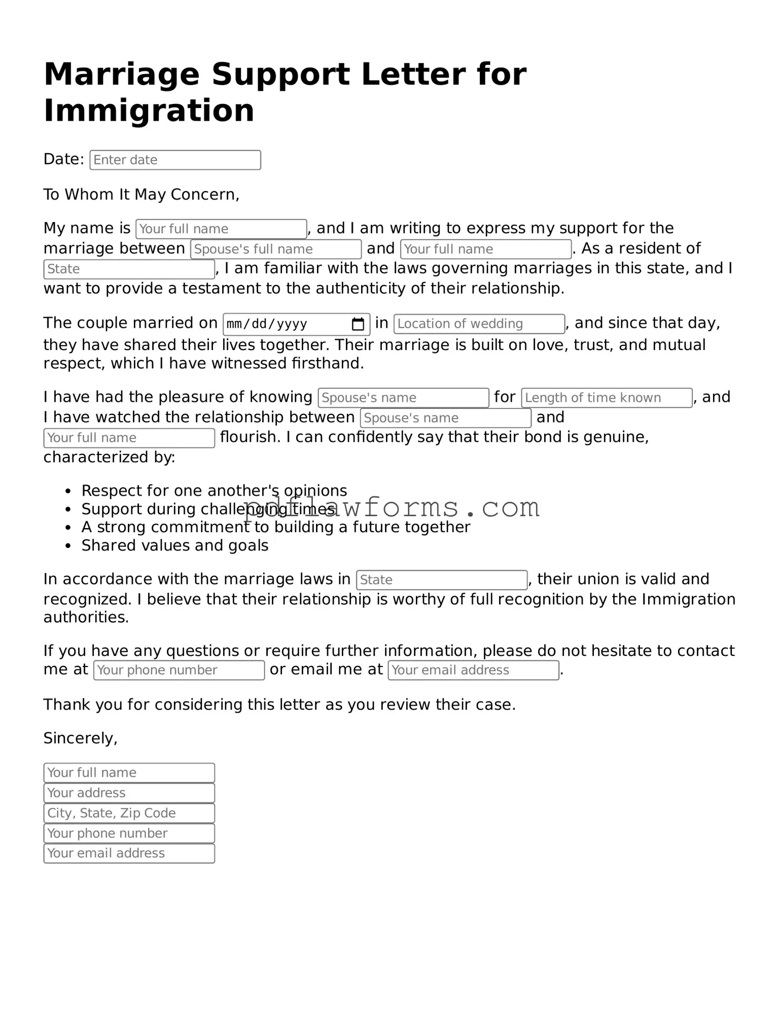Official Marriage Support Letter for Immigration Form