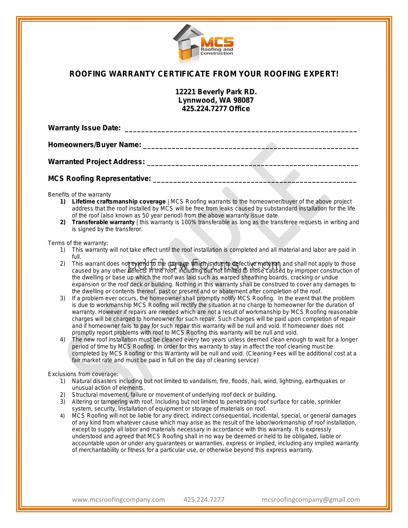 Fill Your Roofing Warranty Certificate Template