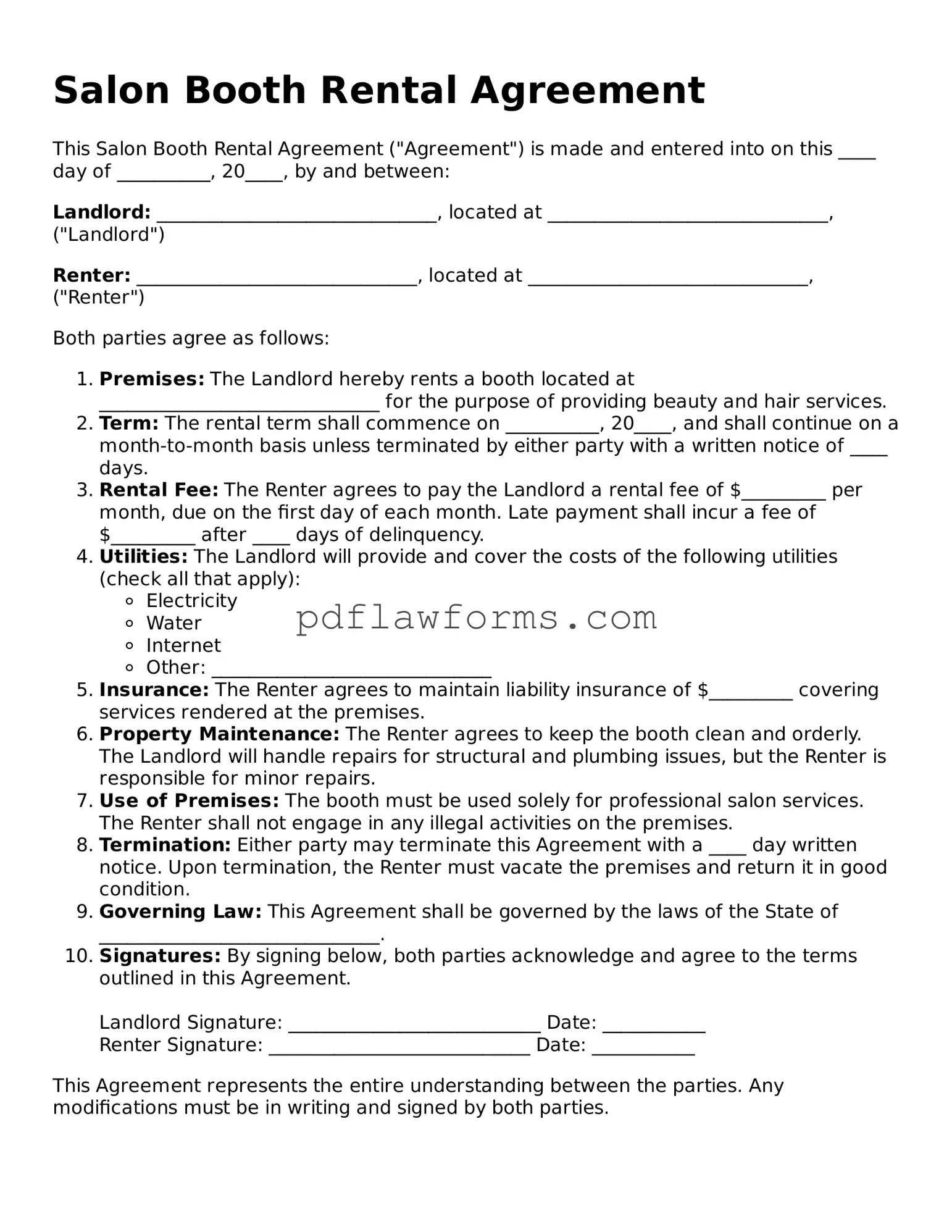 Official Salon Booth Rental Agreement Form