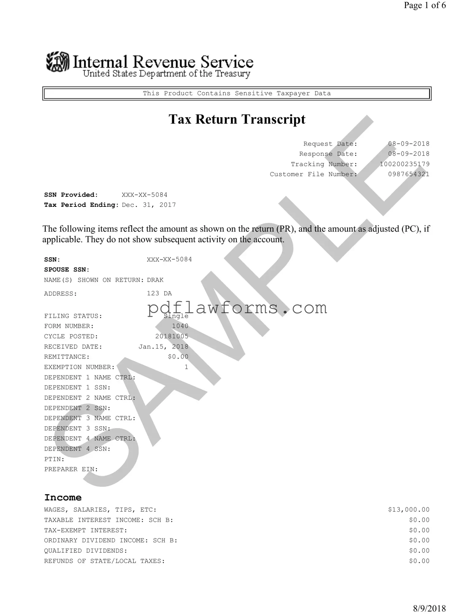 Fill Your Sample Tax Return Transcript Template