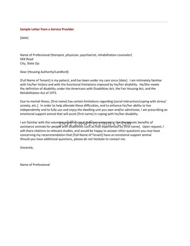 Fill Your Emotional Support Animal Letter Template