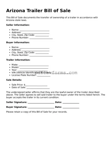 Trailer Bill of Sale Form for the State of Arizona