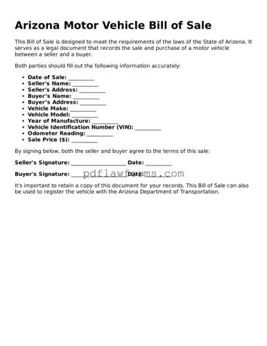 Motor Vehicle Bill of Sale Form for the State of Arizona