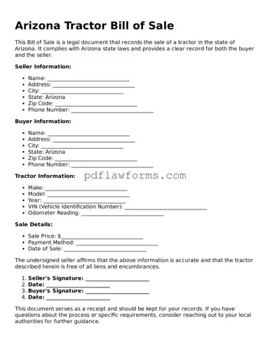 Tractor Bill of Sale Form for the State of Arizona