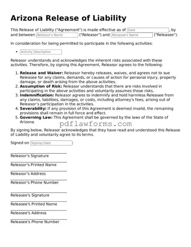 Release of Liability Form for the State of Arizona