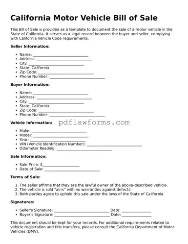 Motor Vehicle Bill of Sale Form for the State of California