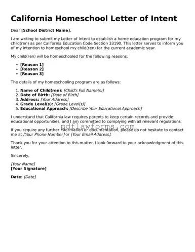 Homeschool Letter of Intent Form for the State of California