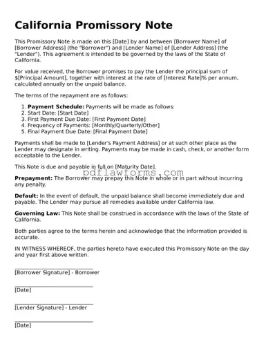 Promissory Note Form for the State of California